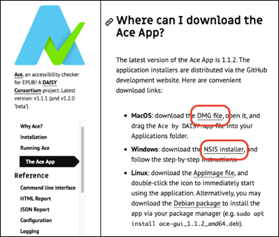 Ace by DAISYのホームページで、
MacOS版は、MacOSの説明文中の「DMG file」が、
Windows版は、Windowsの説明文中の「NSIS installer」が、
がそれぞれ赤枠で示されている