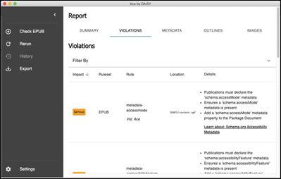 EPUB検証結果のVIOLATIONS画面で、
表形式になっており、列名は、Impact/Ruleset/Rule/Location/Detailsの順に並んでおり、
行は、検出された項目を示している。