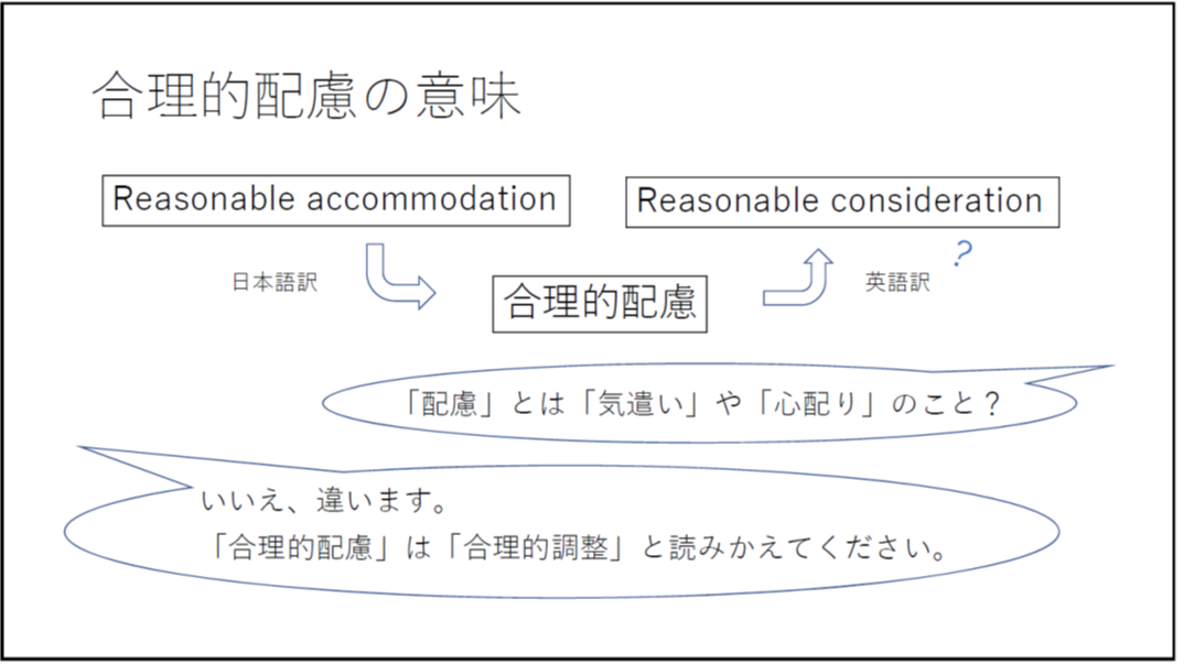 合理的配慮の意味 Reasonable accommodationの日本語訳が合理的配慮 合理的配慮の英語訳?がReasonable consideration 「配慮」とは「気遣い」や「心配り」のこと? いいえ、違います。 「合理的配慮」は「合理的調整」と読みかえてください。 