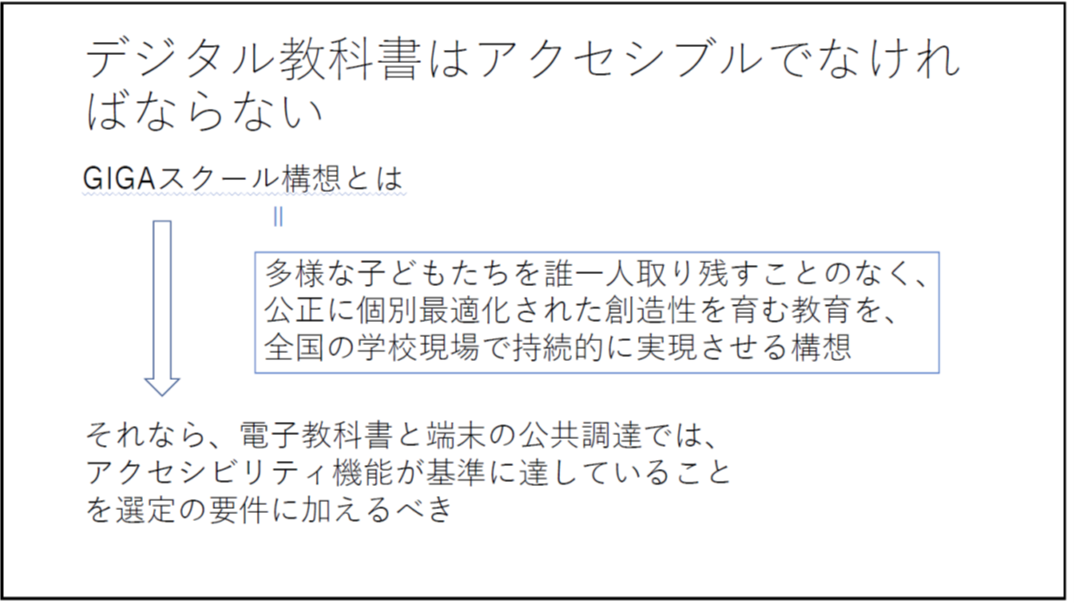 デジタル教科書はアクセシブルでなければならない GIGAスクール構想とは 多様な子どもたちを誰一人取り残すことのなく、公正に個別最適化された創造性を育む教育を、全国の学校現場で持続的に実現させる構想 アメリカでは、ウェブサイトもADAの対象となるという司法省の解釈が1990年代後半から今日まで度々示されてきた それなら、電子教科書と端末の公共調達では、アクセシビリティ機能が基準に達していることを選定の要件に加えるべき 