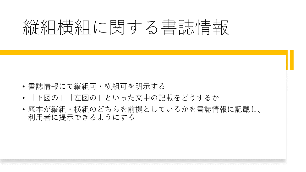 縦組横組に関する書誌情報 	・書誌情報にて縦組可・横組可を明示する 	・「下図の」「左図の」といった文中の記載をどうするか 	・底本が縦組・横組のどちらを前提としているかを書誌情報に記載し、利用者に提示できるようにする