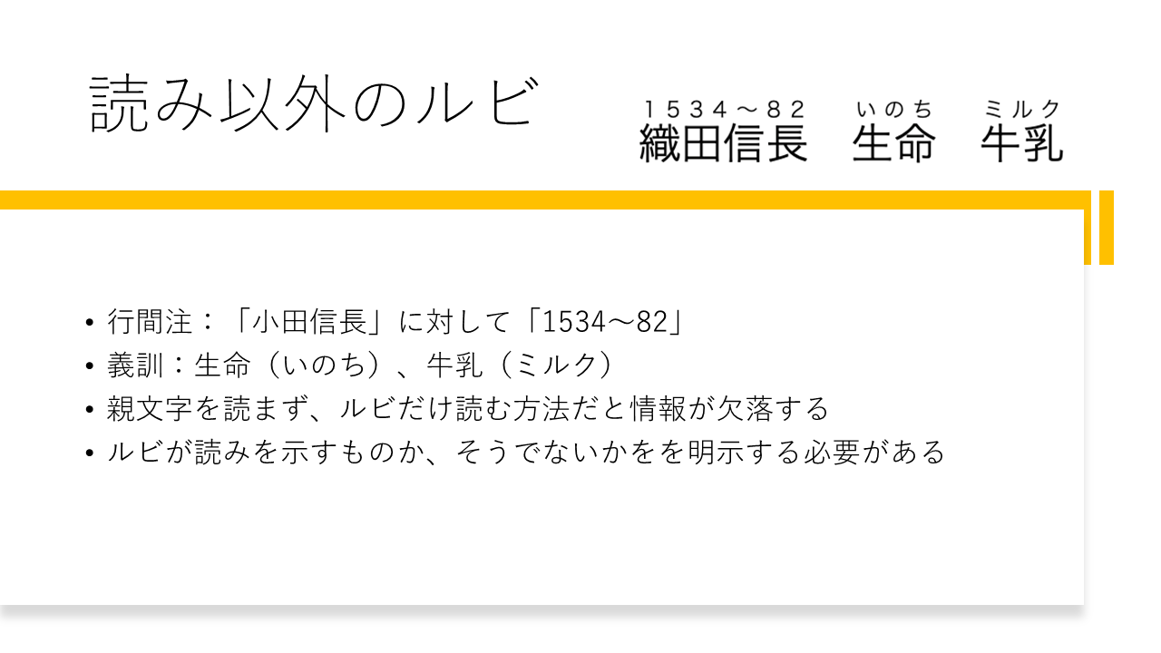 読み以外のルビ 	・行間注：「小田信長」に対して「1534〜82」 	・義訓：生命（いのち）、牛乳（ミルク） 	・親文字を読まず、ルビだけ読む方法だと情報が欠落する 	・ルビが読みを示すものか、そうでないかをを明示する必要がある