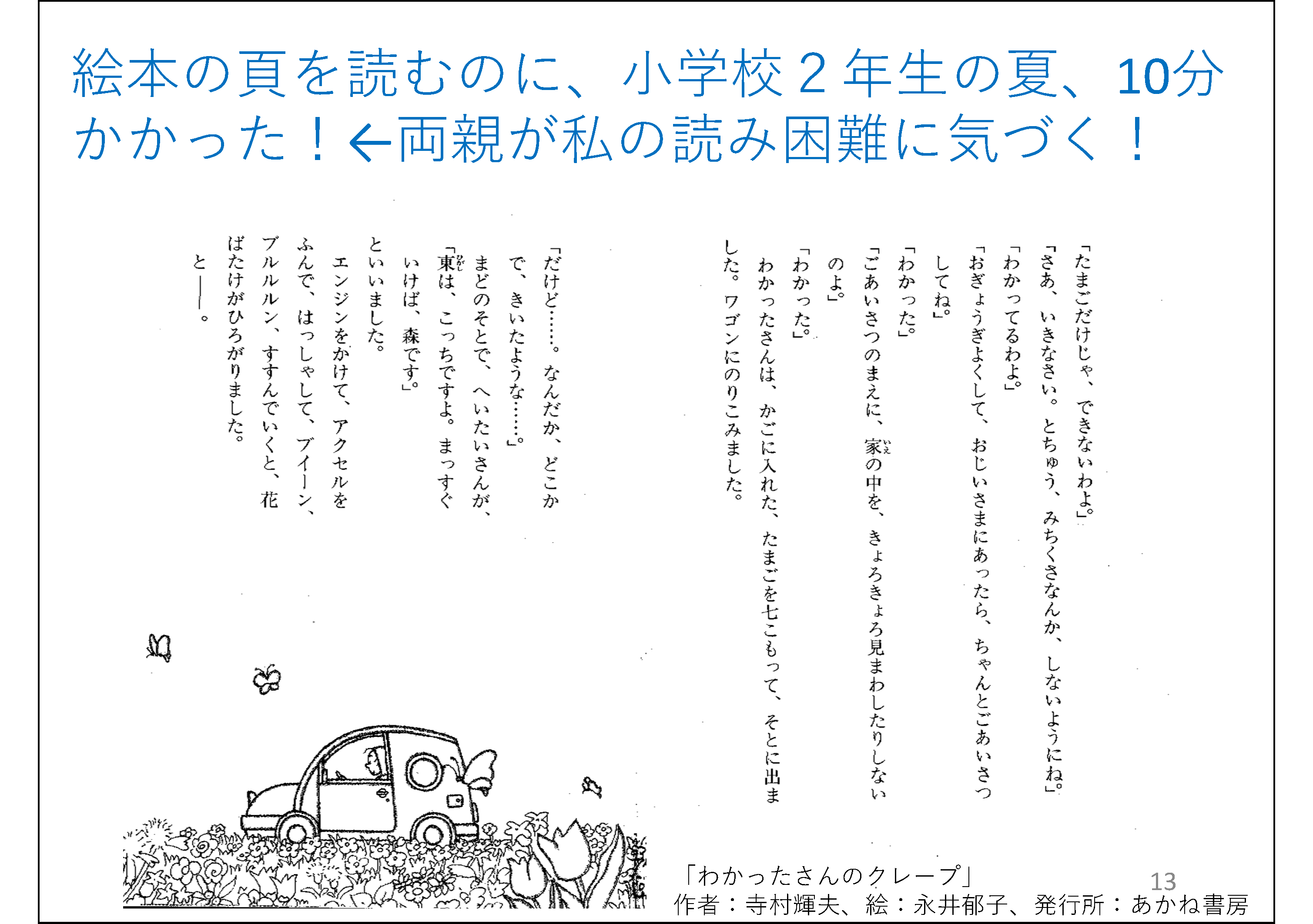絵本の頁を読むのに、小学校２年生の夏、10分かかった！←両親が私の読み困難に気づく！&#13;&#10; 	（＊校正者注：「わかったさんのクレープ」、作者：寺村輝夫、絵：永井郁子、発行所：あかね書房という絵本で左下に絵が描かれた見開きのページの画像があります。